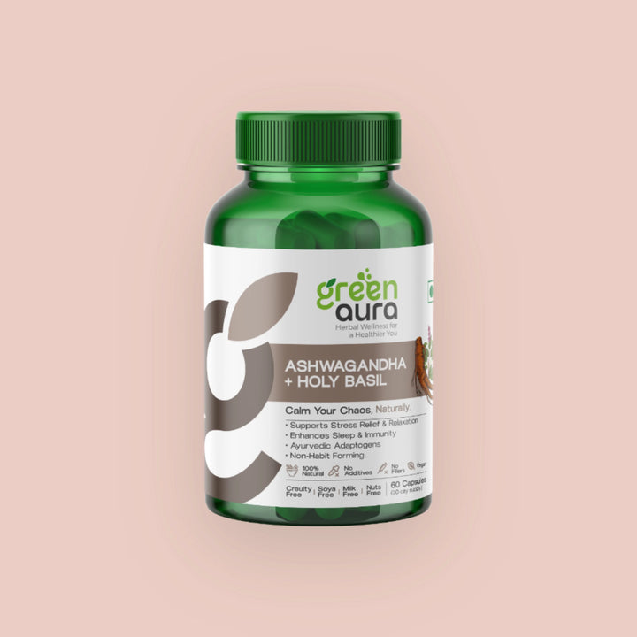 Ashwagandha and Holy Basil bottle, 60 capsules, front