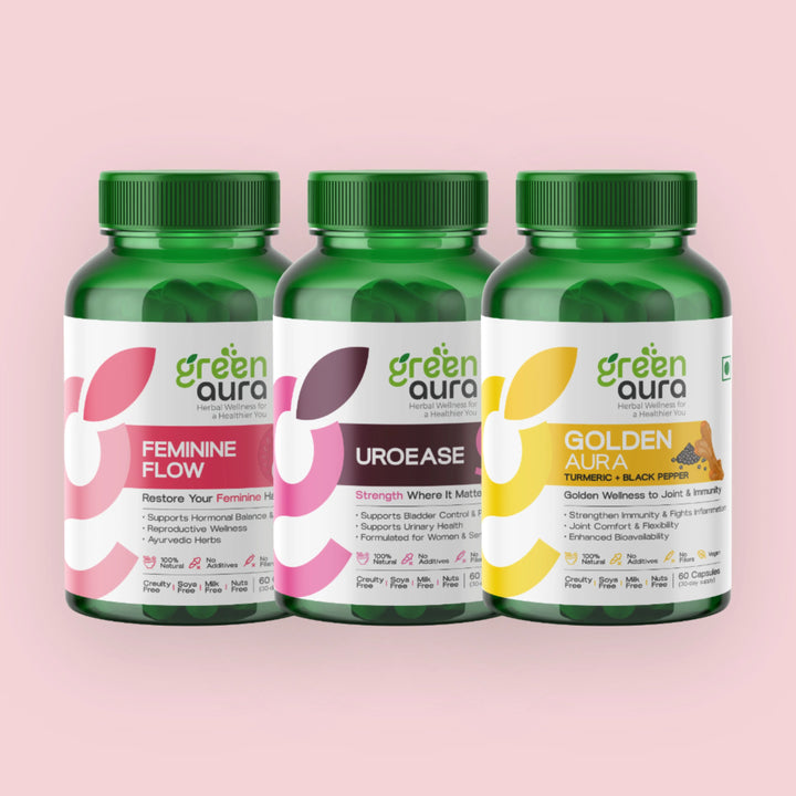 Women360 Herbal Kit: three bottles, Feminine Flow, UroEase and Golden Aura