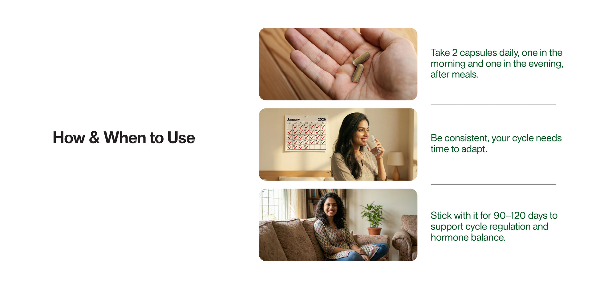 Green Aura Ayurveda-led women’s wellness usage guide showing daily capsule intake, consistency over cycles, and long-term support for cycle regulation and hormonal balance