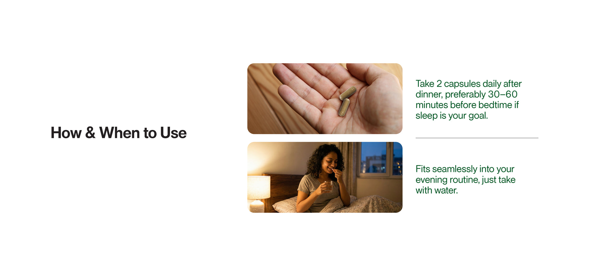 Green Aura Ayurveda-led wellness usage guide showing evening capsule intake to support relaxation, sleep quality, and daily stress balance