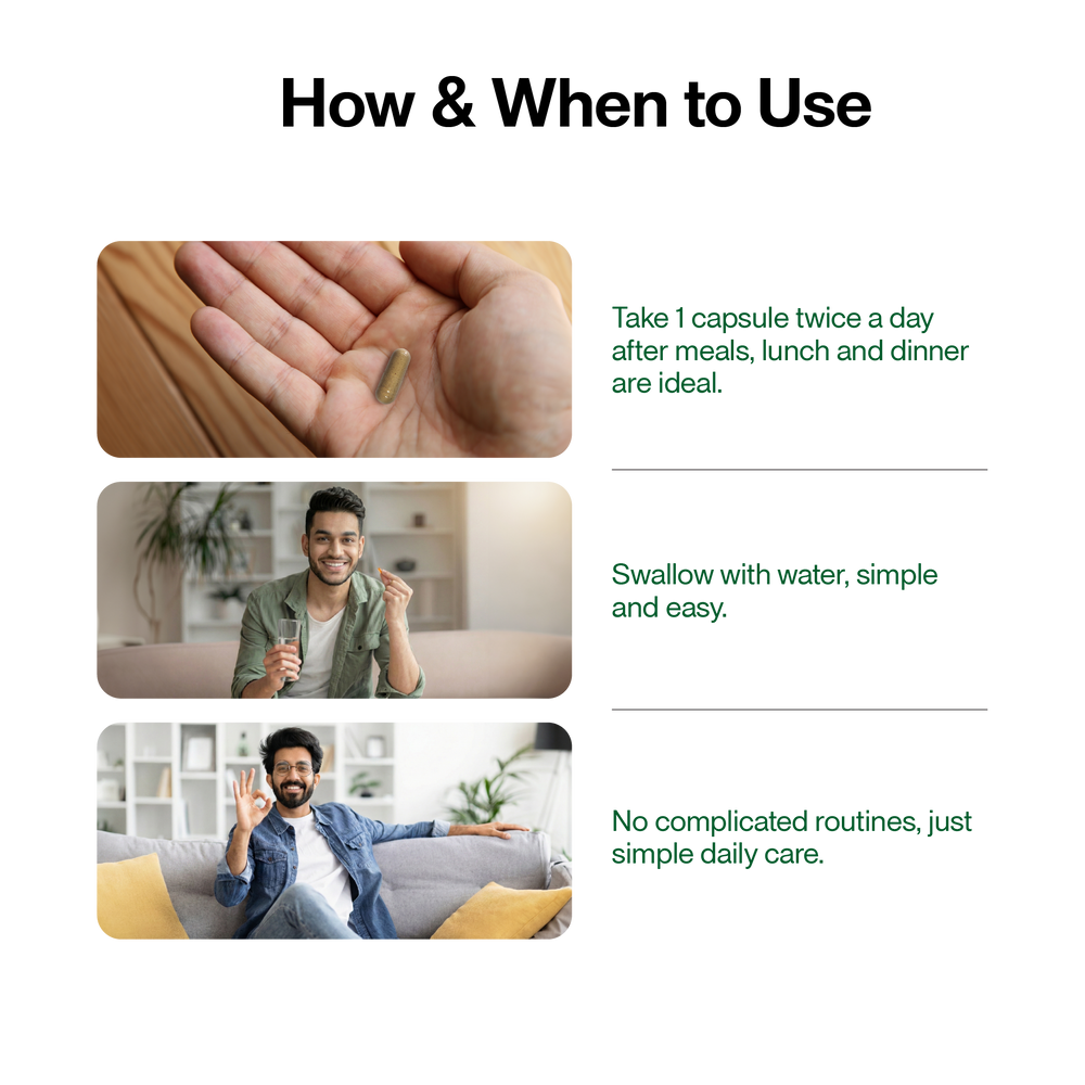 Green Aura Aura Vision Ayurveda-led eye wellness usage guide showing twice-daily capsule intake with meals for simple, consistent daily eye care