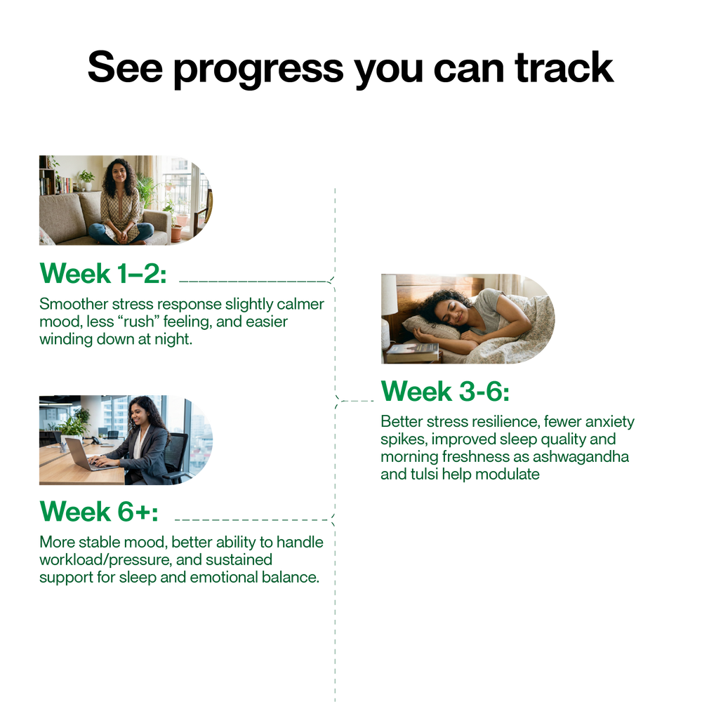 Green Aura Ayurveda-led wellness journey showing trackable progress from early stress relief to improved sleep quality, emotional balance, and long-term mental resilience