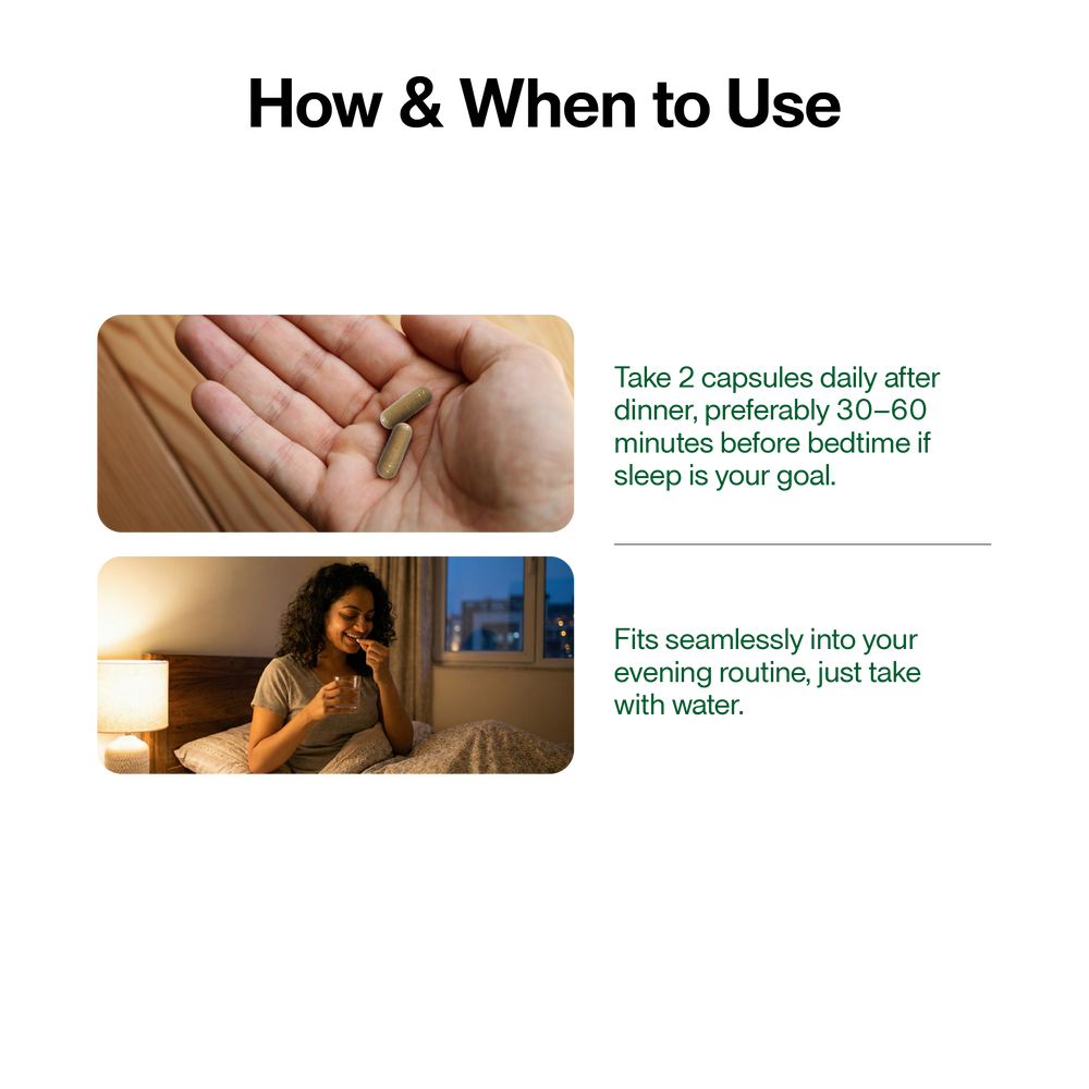 Green Aura Ayurveda-led wellness usage guide showing evening capsule intake to support relaxation, sleep quality, and daily stress balance