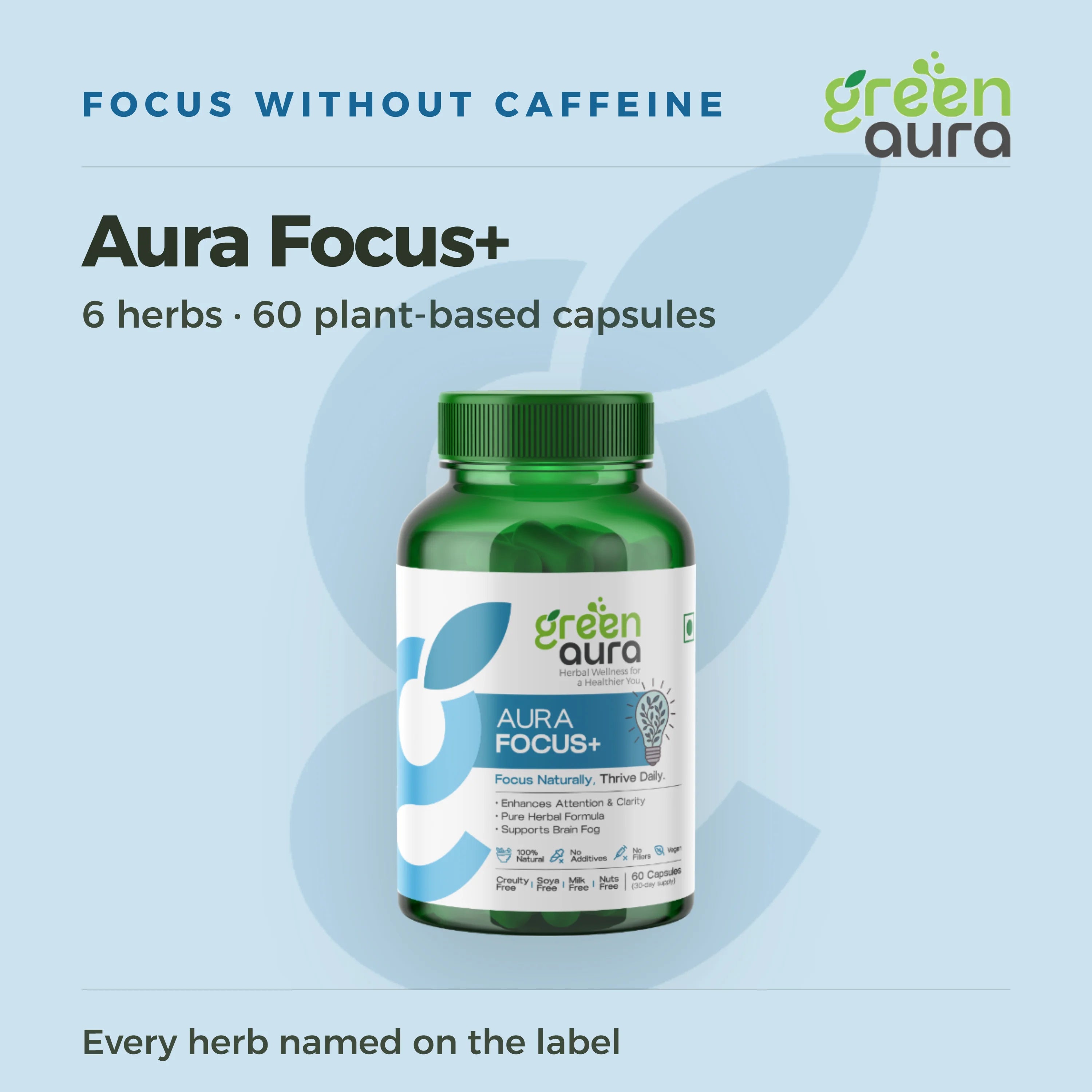 Aura Focus+, six herbs, 60 plant-based capsules