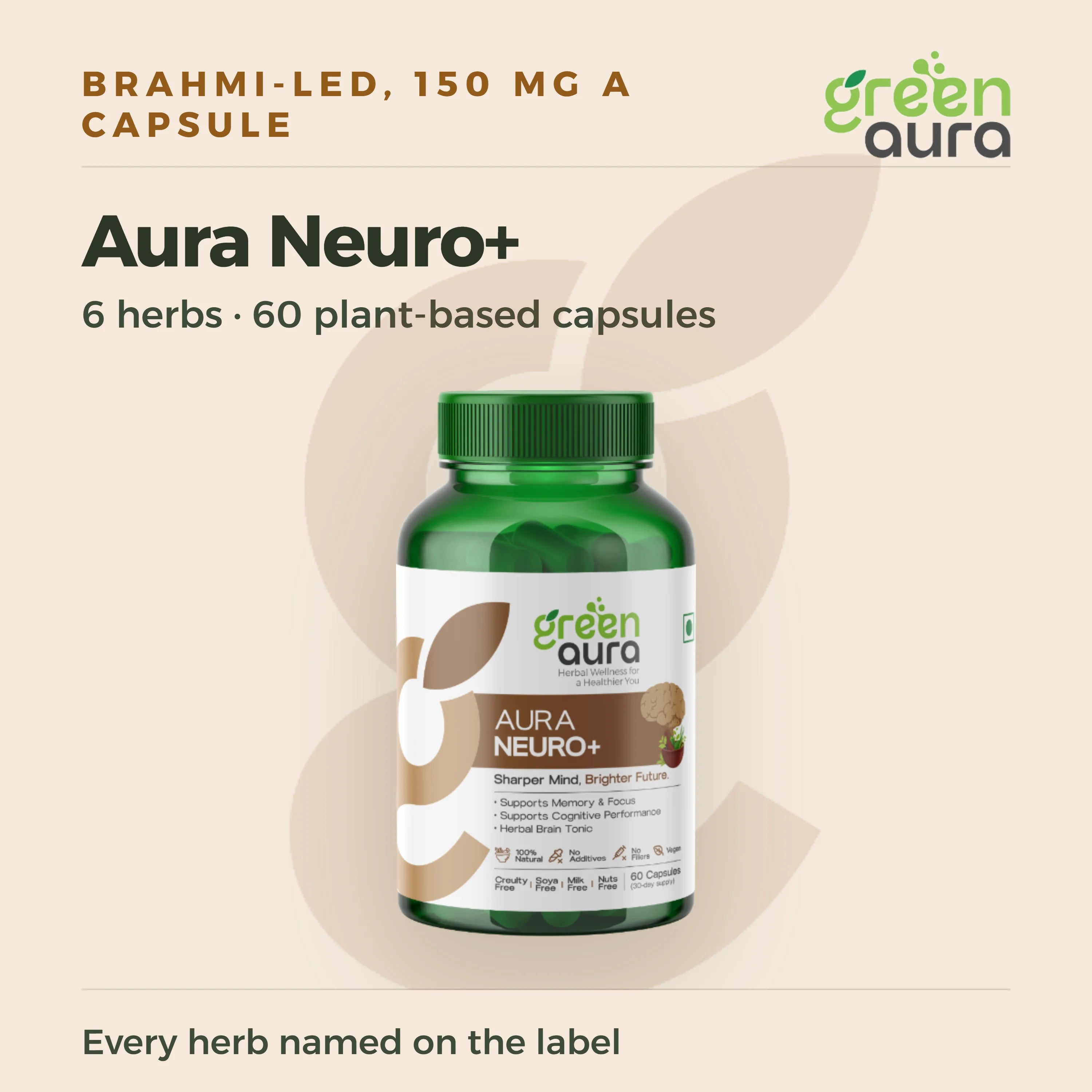 Aura Neuro+, six herbs, 60 plant-based capsules, Brahmi led at 150 mg a capsule