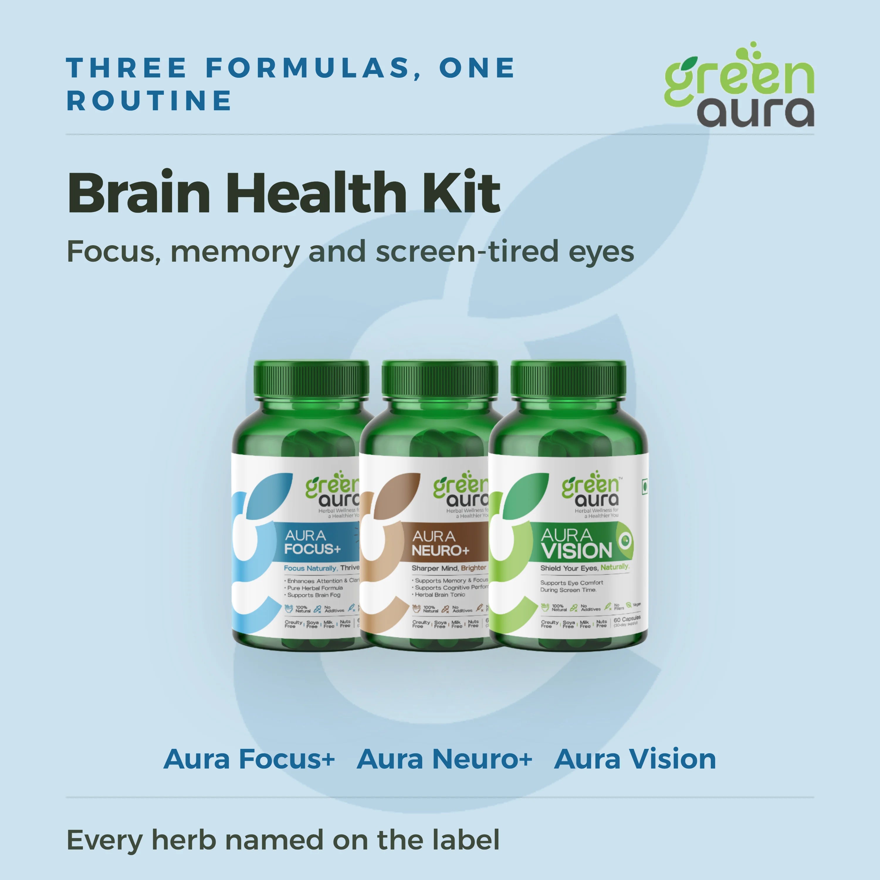 Brain Health Kit: Aura Focus+, Aura Neuro+ and Aura Vision, three formulas in one routine