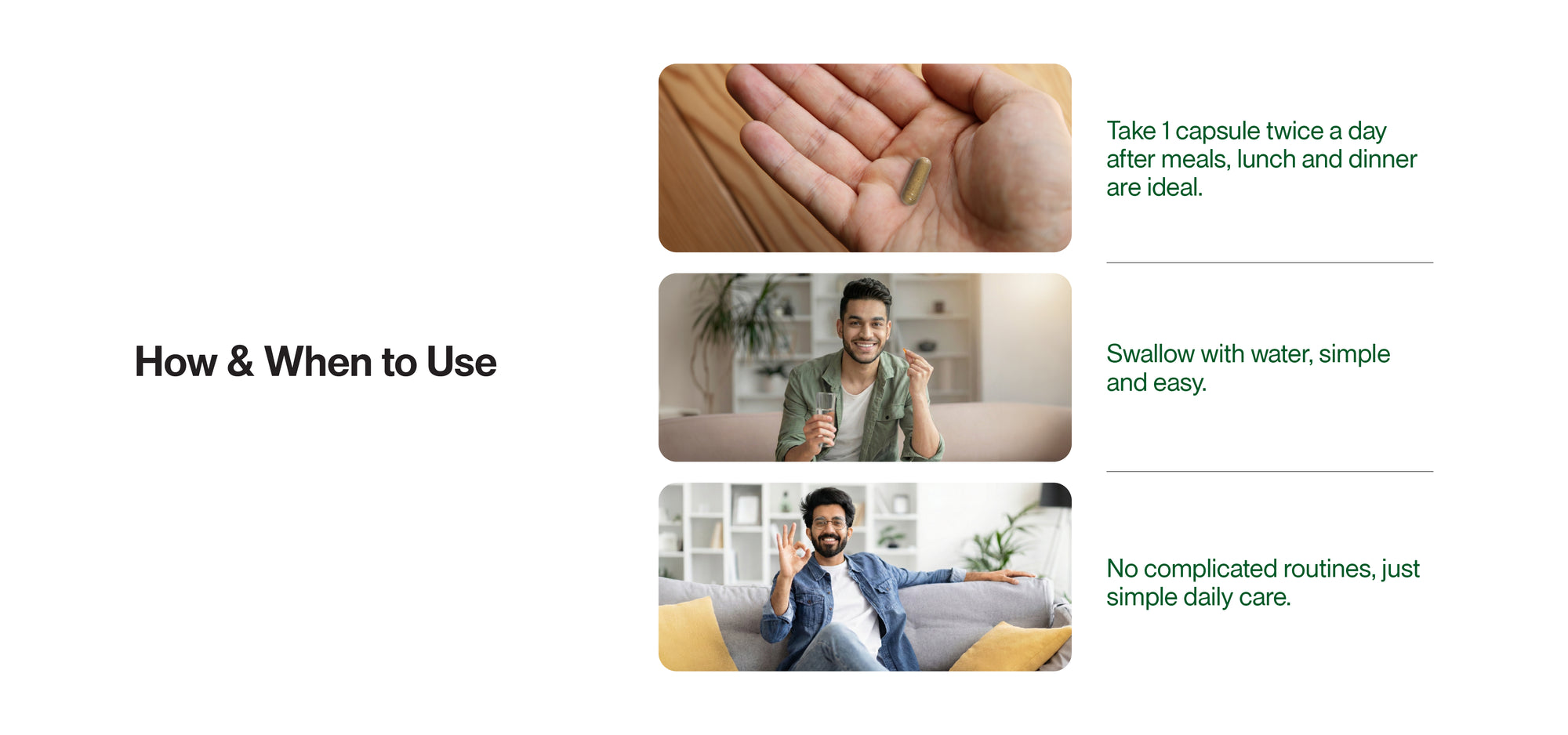 Green Aura Aura Vision Ayurveda-led eye wellness usage guide showing twice-daily capsule intake with meals for simple, consistent daily eye care