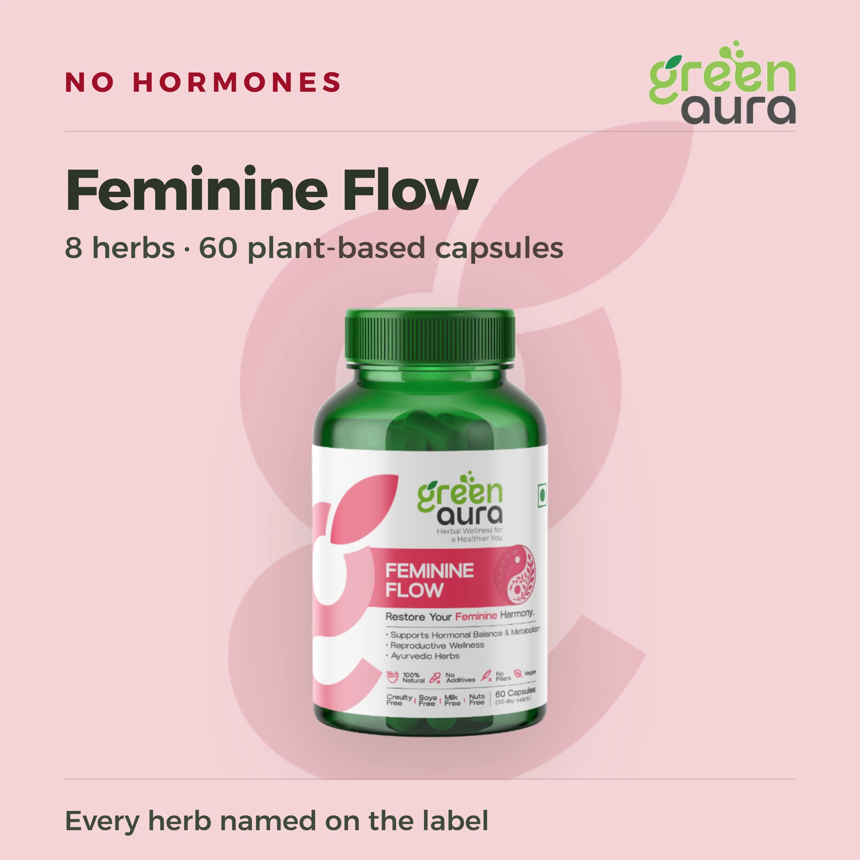 Feminine Flow, eight herbs, 60 plant-based capsules, no hormones
