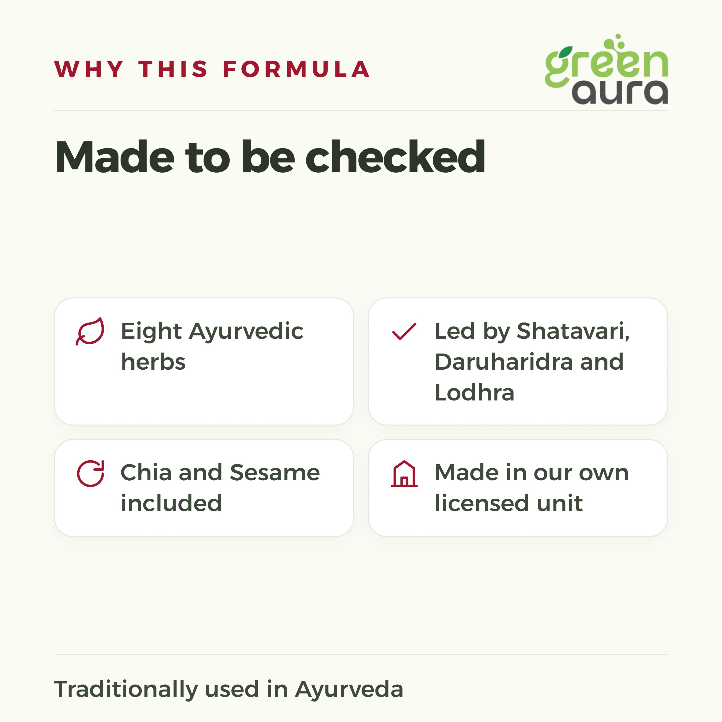 Why this formula: eight Ayurvedic herbs led by Shatavari, Daruharidra and Lodhra, made in our own licensed unit