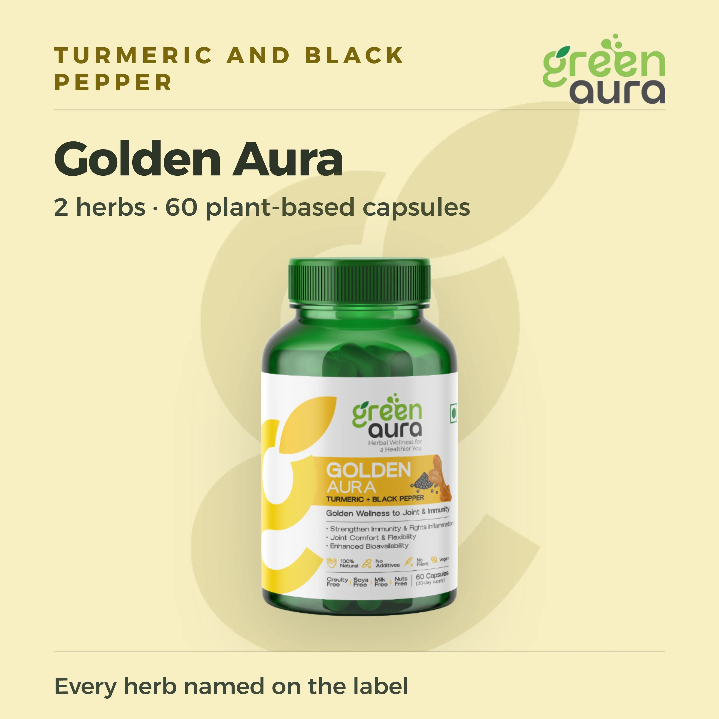 Golden Aura, turmeric and black pepper, 60 plant-based capsules