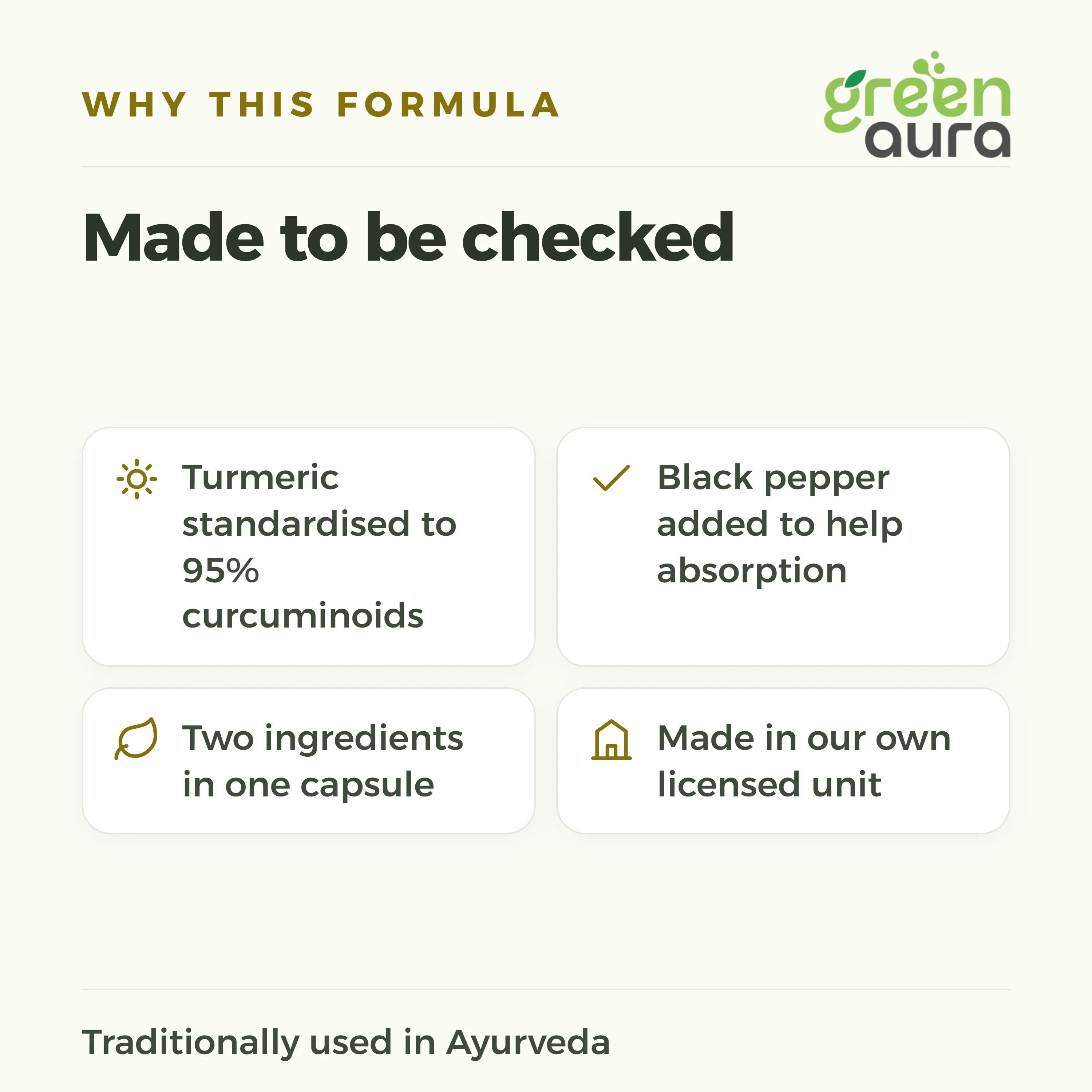 Why this formula: turmeric standardised to 95 percent curcuminoids, black pepper added to help absorption, made in our own licensed unit