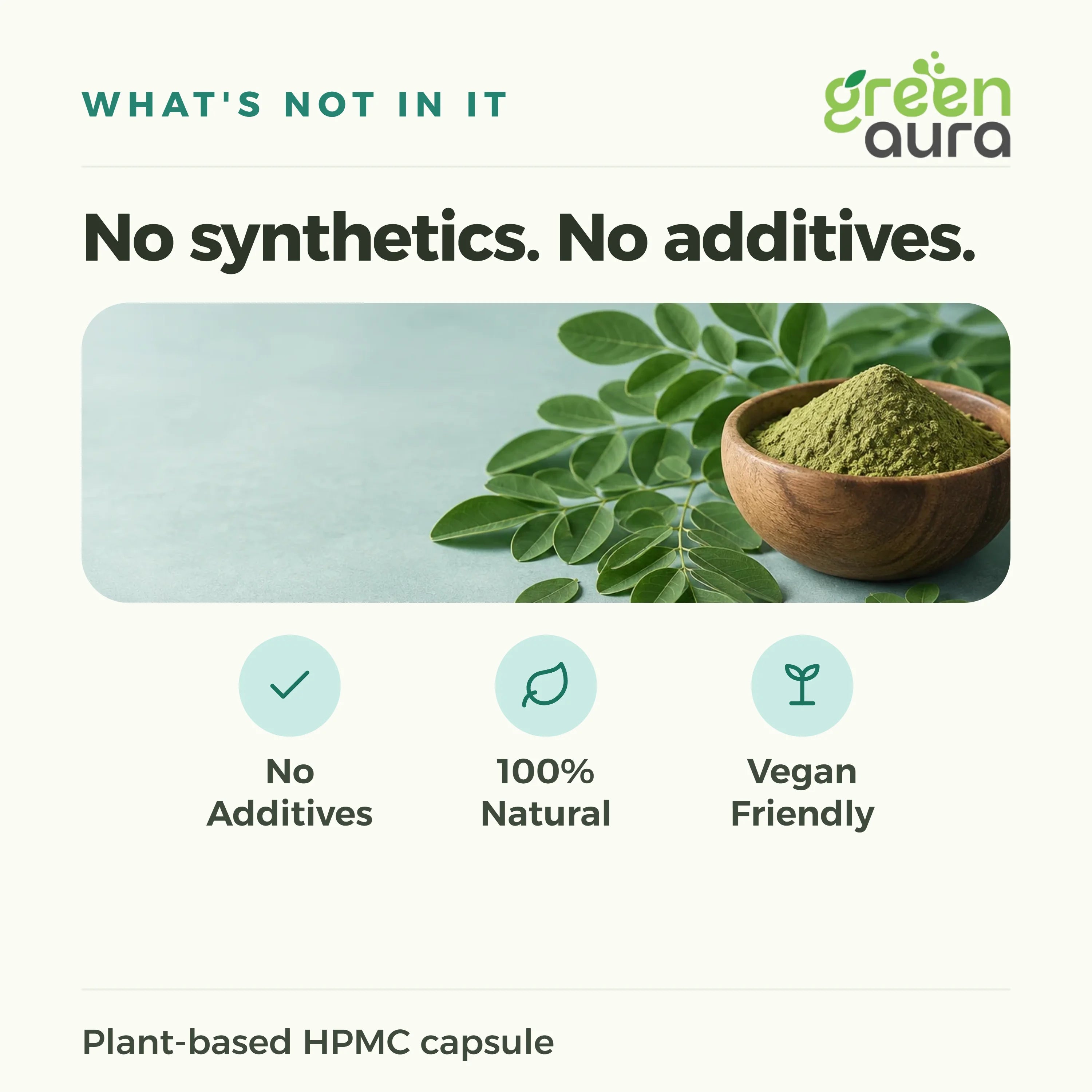 No synthetics, no additives: moringa leaves and capsules, plant-based HPMC capsule