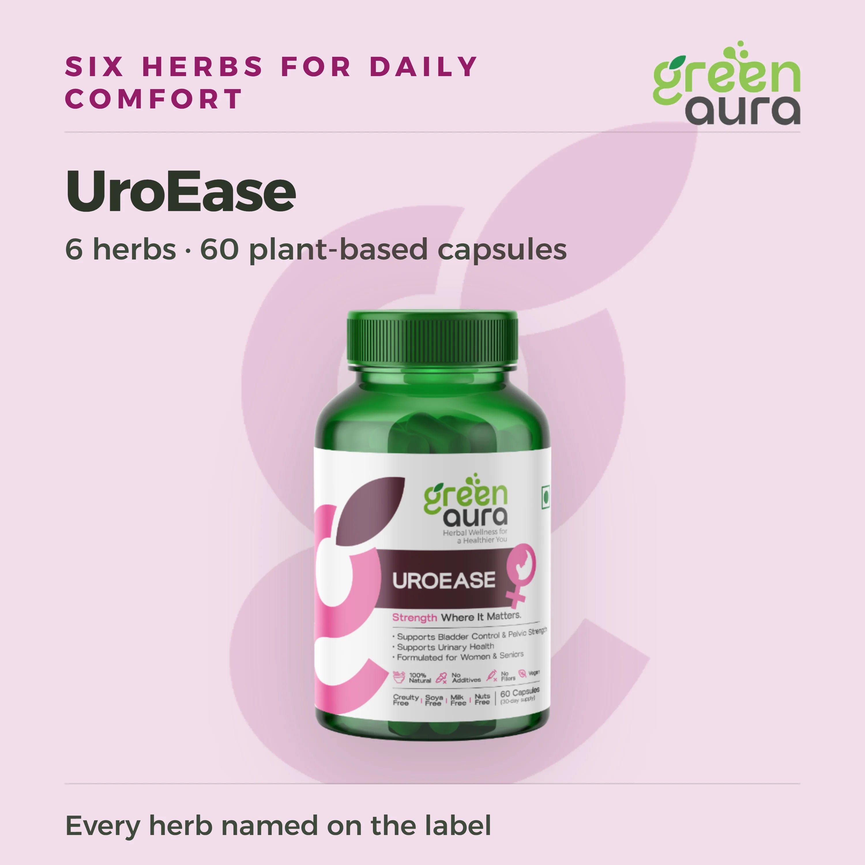 UroEase, six herbs, 60 plant-based capsules